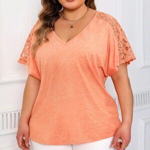 Women's Plus Size Lace Stitching V Neck Orange Fashion Trendy Blouse Top 22W